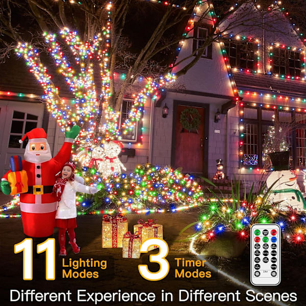 shineshine 197FT 600LED Julbelys utomhus, Vattentät 8 Belysnings (Warm White+Multi-colored) 400 LED