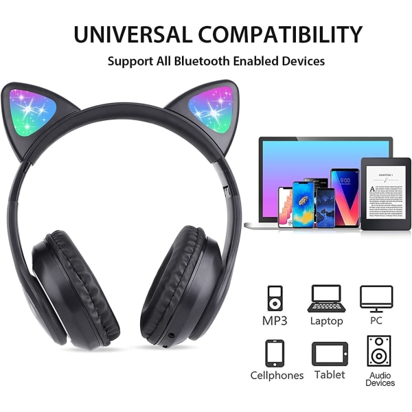 Bluetooth hörlurar för barn, Söt Ear Cat Ear LED Light Up hopfällbar Black