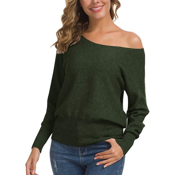 Feiersi Dam Off Shoulder Tröja Casual Långärmad Rundhalsad Topp 04 Army Green Large