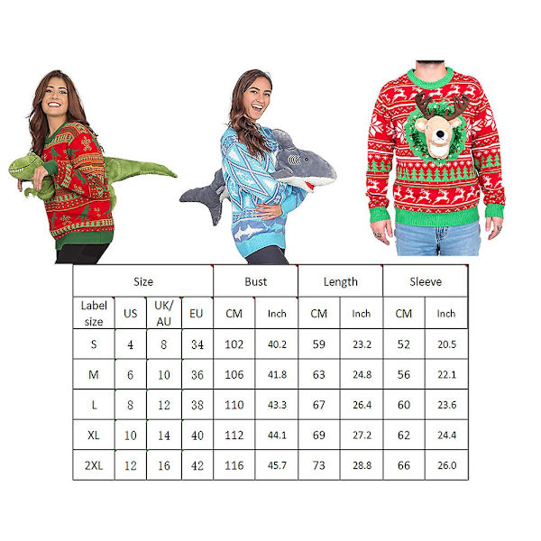 Unisex Jultröja, Rolig 3D Söt Dinosaurie Dock Pullover S Red XXL