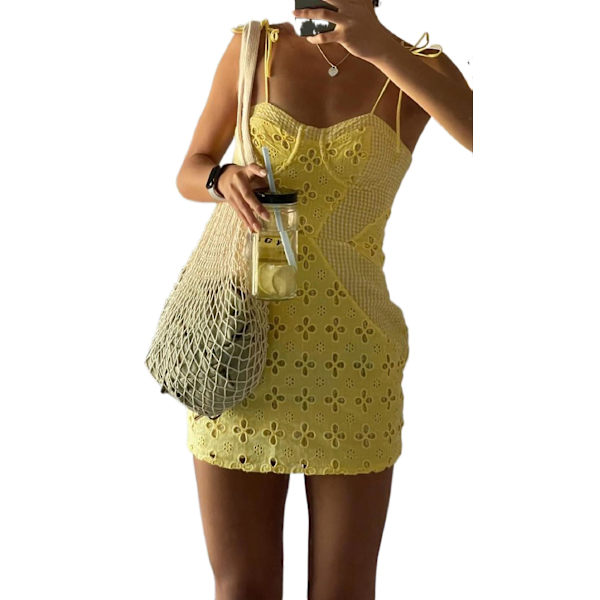 Y2k Gul Blommig Klänning för Kvinnor Y2k Estetisk Boho Ärmlös S