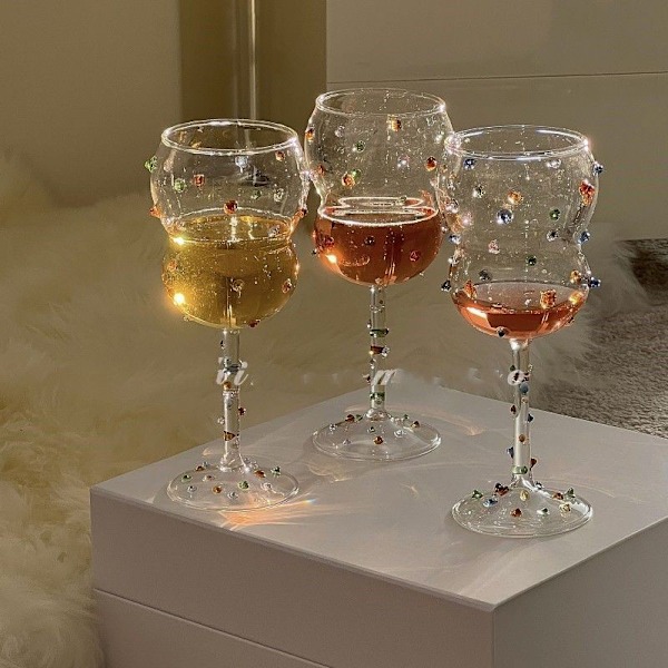 Klar & Multi Pomponette Goblet Färgad Gem Vin Glas Färgad Punkt GlasSockerböna Kopp A