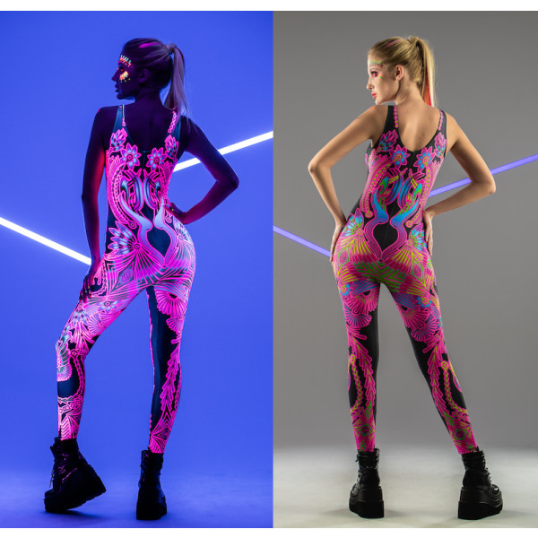 NEON FLOWERS FLUORESCERANDE Jumpsuit, Neon Bodysuit, Rave Onsie, Festival L