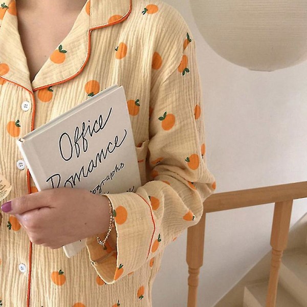Mjuk bomull Kawaii Apelsiner Print Långärmad Pyjamas Set M