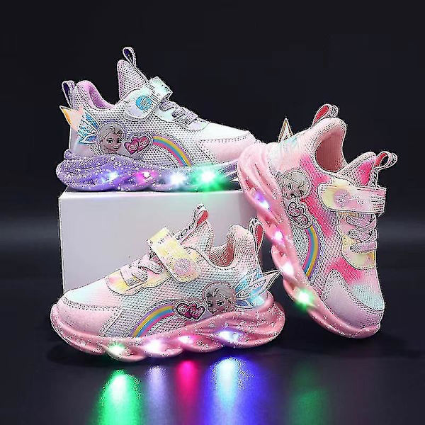 Girls Led Casual Sneakers Elsa Princess Print Outdoor Shoes Kids Pink 21-insole 13.3cm