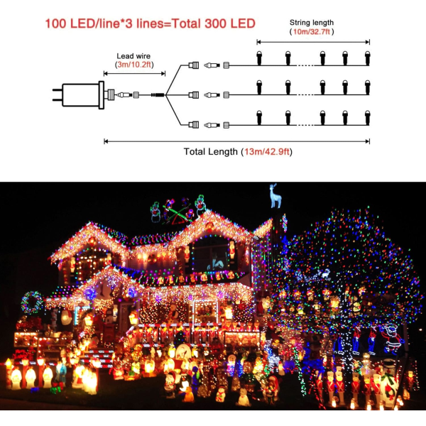 200 LED Flerfärgade Julbelysning Utomhus Vattentät, Utbyggbar 20m Multicolor 300 LED