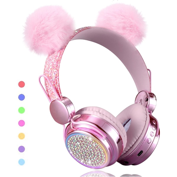 Trådlösa, LED-upplysta färgväxlande Bluetooth-hörlurar för flickor med M Pink