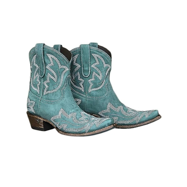 Dam Retro Broderade Western Cowboy Boots Spetsig tå Låg Blockklack Cyan 41