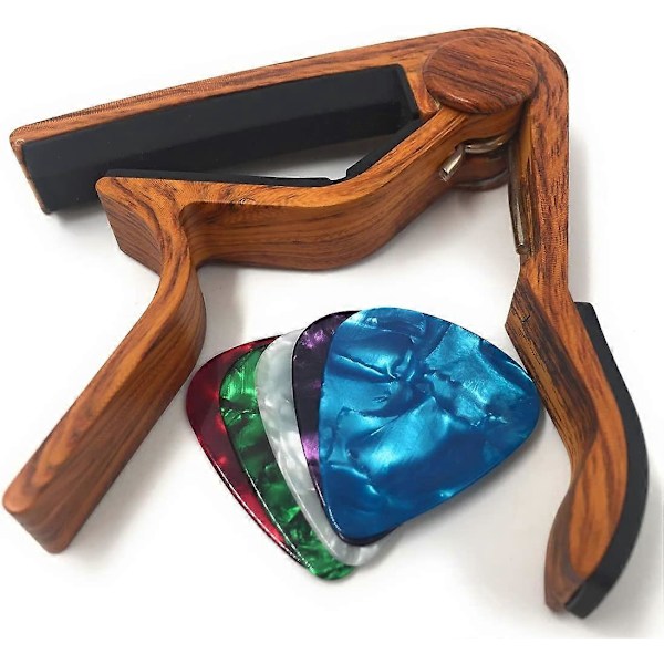 Gitarrkapo för 6-strängad akustisk elektrisk stålsträngsgitarr, ukulele med 5 plektrum (plektrumfärg slumpmässig) - Rosenträ