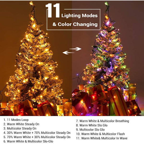 Julbelysning, 20 meter 200 LED Färgväxlande Trädbelysning 11-Funktioner RGB - String 500 LED
