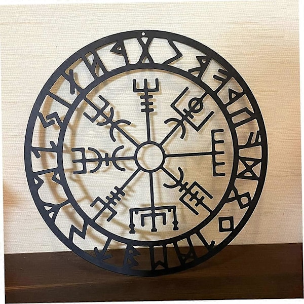 Viking Kompass Väggkonst, Nordisk Kompass Skulpturer Svart Ihålig Järn Metall Väggdekoration för Sovrum Modernt Sovrum Metall Väggdekoration (28cm)