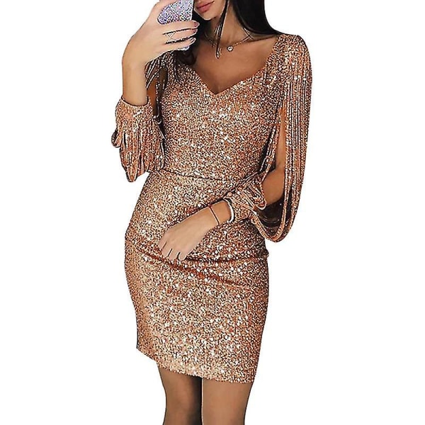 Kvinnor Paljettklänning Glitter Sparkle Sexig Djup V-ringad Kort Klänning Ovan Rose Gold XL