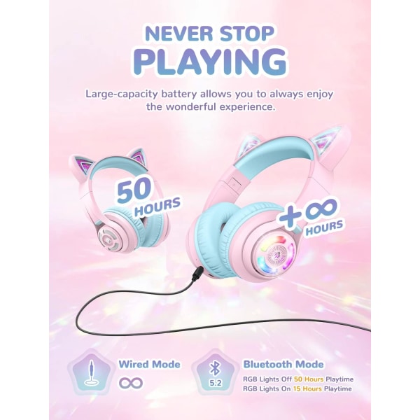 Bluetooth Kids Headphones, BTH13 Cat Ear LED Light Up Kids Wireless He Pink