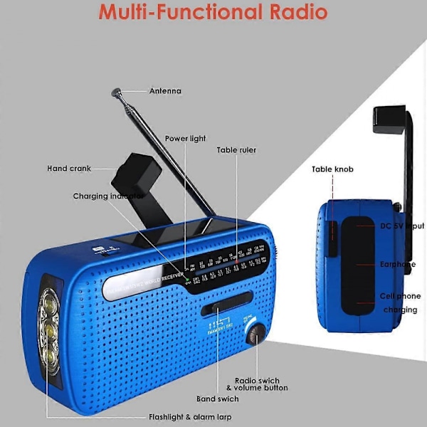 FM/AM(MW)/SW Portabel Radio, Handvev/Batteri och Elnät/Solcellsdriven Transistorradio, med 3-LED Ficklampa