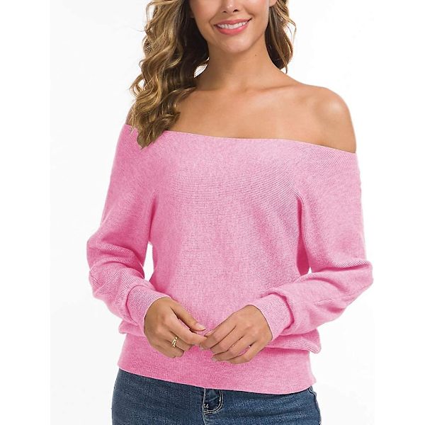 Feiersi Dam Off Shoulder Tröja Casual Långärmad Rundhalsad Topp 09 Pink Small