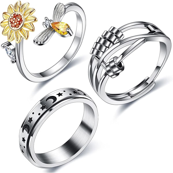 Silver Oro Rings för Kvinnor Män 3 Stl Justerbar Band Fidget