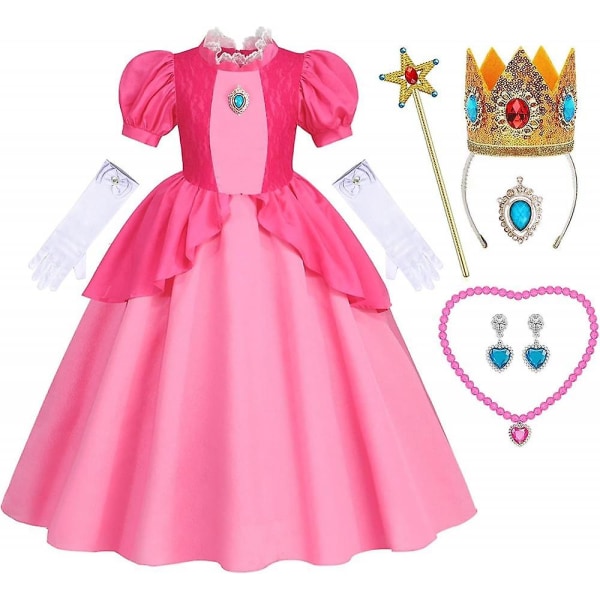 Princess Peach kostym för tjejer - Rosa Halloween festklänning med accessoarer 5-6 Years
