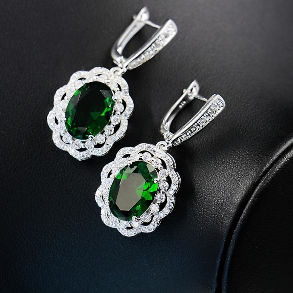 Italiensk Design Grön Zirkon Silver Färg Bröllopssmycken Set För Kvinnor Halsband Hänge Armband Örhängen Ringar Gi