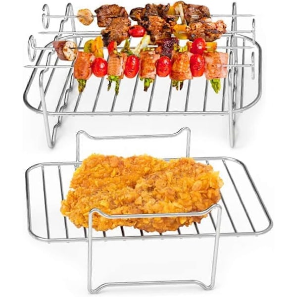 2 st Air Fryer-ställ för Air Fryer, 304 Rostfritt Stål Flerlagers Dehydratorställ med 4 Grillpinnar Dubbellagerställ Tillbehör för Dubbla Korgar