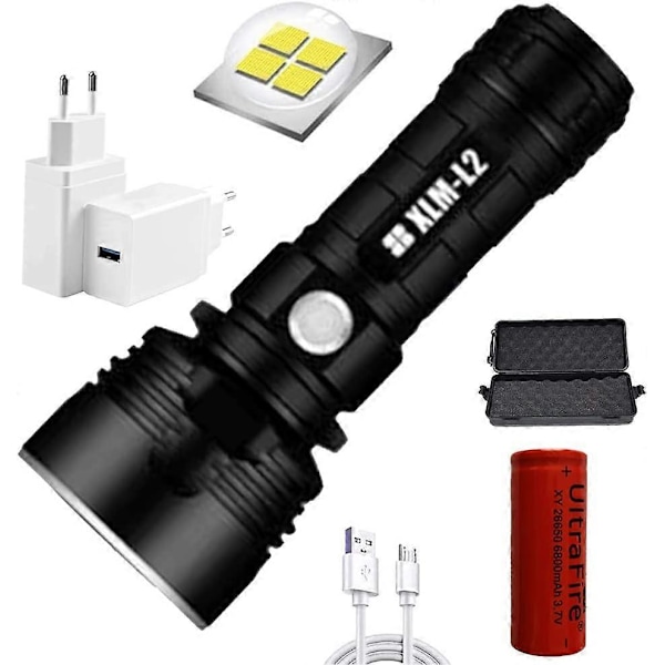 Ficklampa, 30000-100000 Lumen Högeffekts LED Ultra Stark Vattentät, Kraftfullaste XLM-P70 50W 3-lägen (Enkelt Batteri, 25W-L2) [Energiklass A+++]
