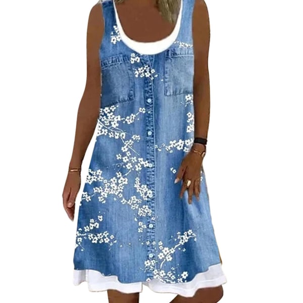 Kvinnor sommar 3d Print ärmlös falsk tvådelad denim miniklänning Floral Sky Blue S