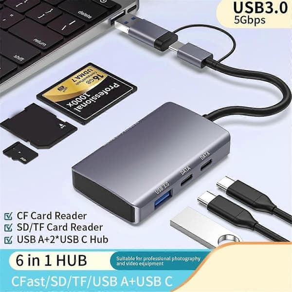 6-i-1 /SD/TF-kortläsare USB-C Hub USB 3.0-kortläsaradapter för dator/Android/Micro-SD