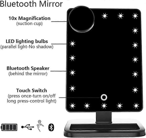 Sminkspegel 20 LED-lampor Touch Screen 10X (Bluetooth-Svart)