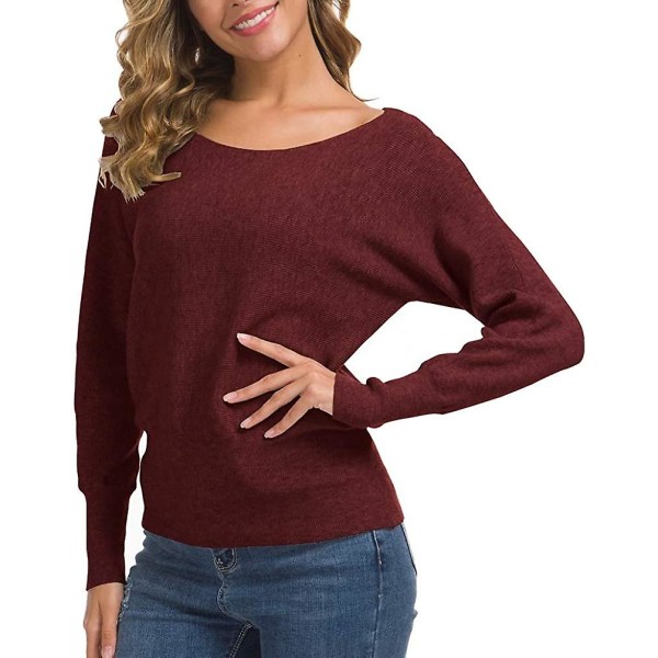 Feiersi Off Shoulder tröja för kvinnor Casual långärmade toppar med rund hals 03 Wine Red X-Small