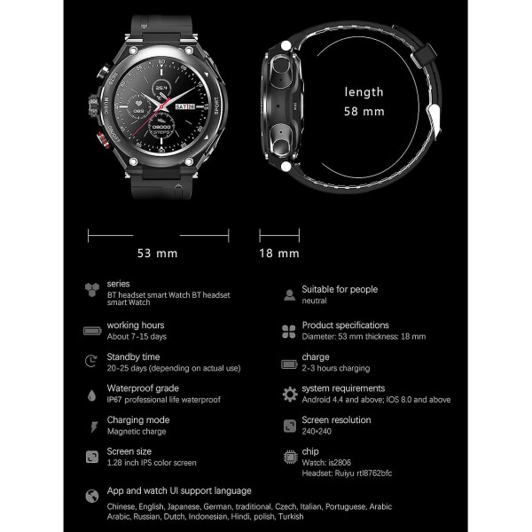 T92 Smart Watch med trådlöst hörlurar 2 i 1 aktivitetsarmband Bt Ea