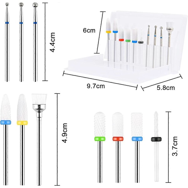 10 Delar Nagelborr Set, 3/32 Keramiska Nagelborrar för Akryl Gel Naglar Sliphuvud Set