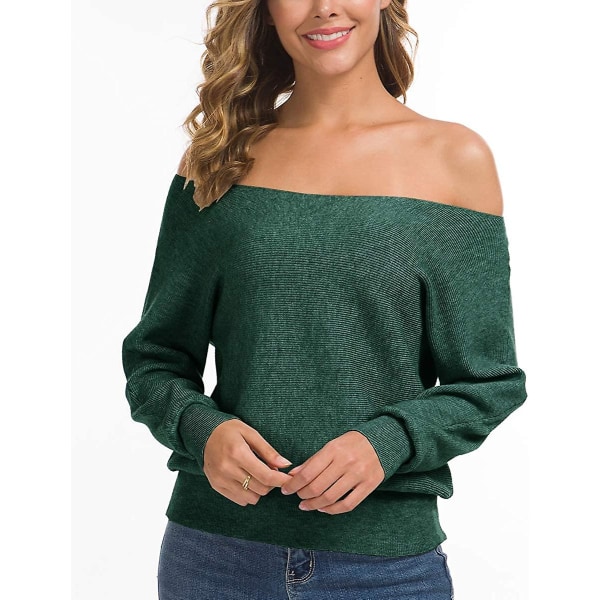 Feiersi Dam Off Shoulder Tröja Casual Långärmad Rundhalsad Topp 10 Dark Green Large