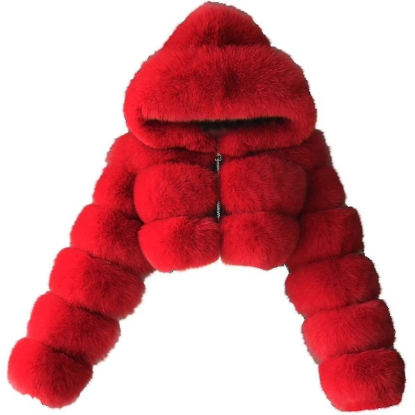 Konstgjord Pälsjacka Dam Med Huva Kort Bubbeljacka Fleece Kort Varm J Red 4X-Large