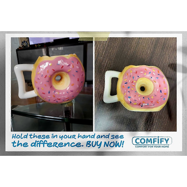 Keramisk Munkmugg - Läcker Rosa Glasyr Munk med Strössel - Roligt \"MMM. Donuts!\" Citat - Stor 414 ml - Rolig Kaffemugg Present