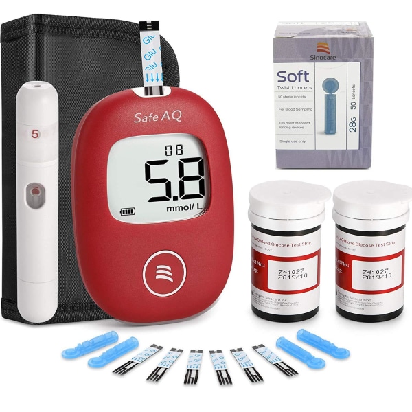 SINOCARE SAFE AQ SMART blodsockermätare/maskin Ingen kodning, mätningar av blodsocker/diabetesnivåer är snabba, exakta och pålitliga