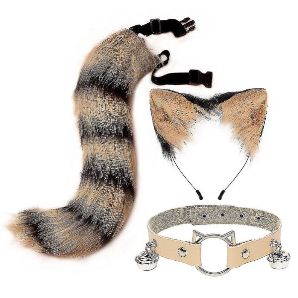Furry Cat Ears Fox Tail Bell Collar Halsband Set Halloween Party Access Yellow Black