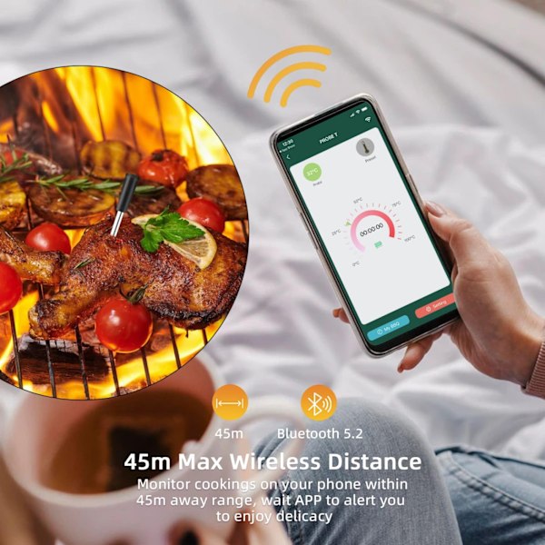 Smart kötttermometer med Bluetooth, trådlös räckvidd för ugnen, Gri