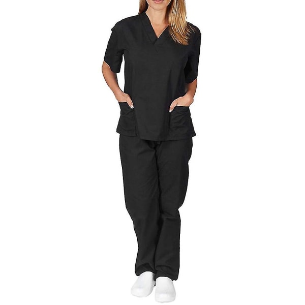 Unisex Sjukhus Medicinska Skrubb Topp Byxor Uniform 2-dels Set Sjuksköterska Black XL