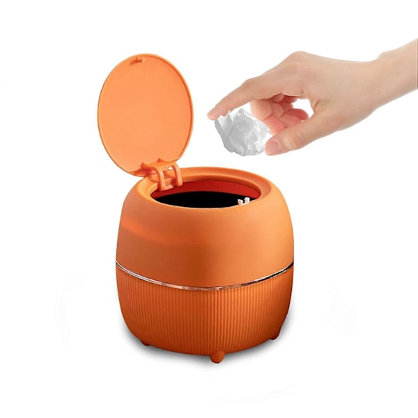 Mini Rund Skrivbordskorg med Lock, Plast, för Hem, Kök, Badrum, Kontor (Orange)