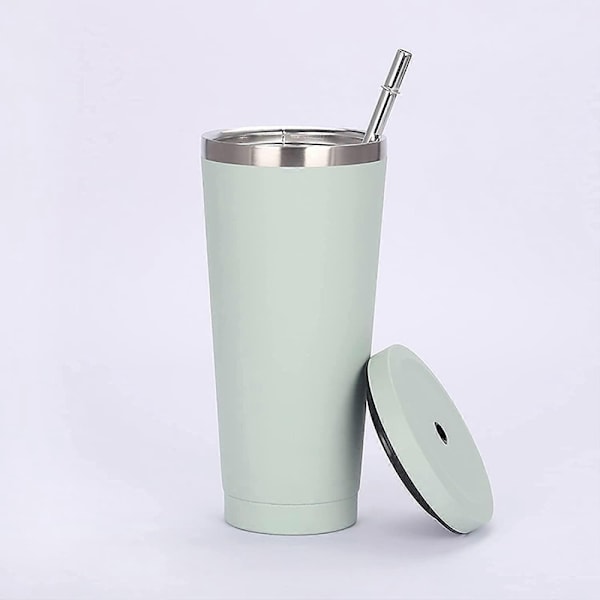 17oz/500ml Resemugg i Rostfritt Stål med Sugrör och Läcksäkert Lock, Vakuumisolerad Mugg för Dryck (Ljusgrön)