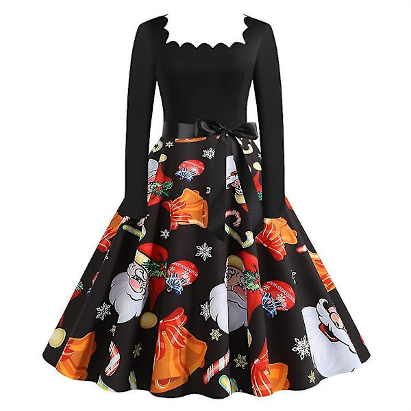 Långärmad julklänning för kvinnor, julparty, svängig A-linje 3XL Black Orange