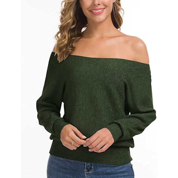Feiersi Dam Off Shoulder Tröja Casual Långärmad Rundhalsad Topp 04 Army Green X-Large