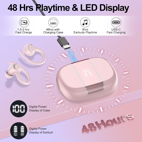 Hörlurar Trådlösa Earbuds Sport, Bluetooth 5.3 Ear Buds Over-Ear 3D Pink