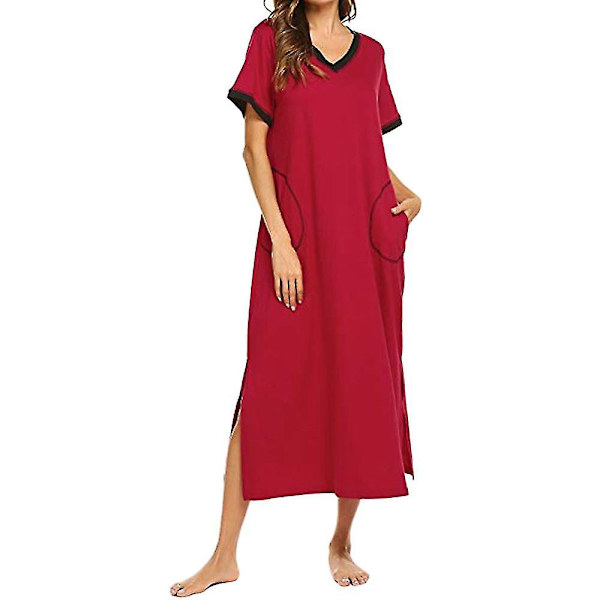 Nattklänning för kvinnor, kortärmad, ultralen, full längd, sovkläder Red M