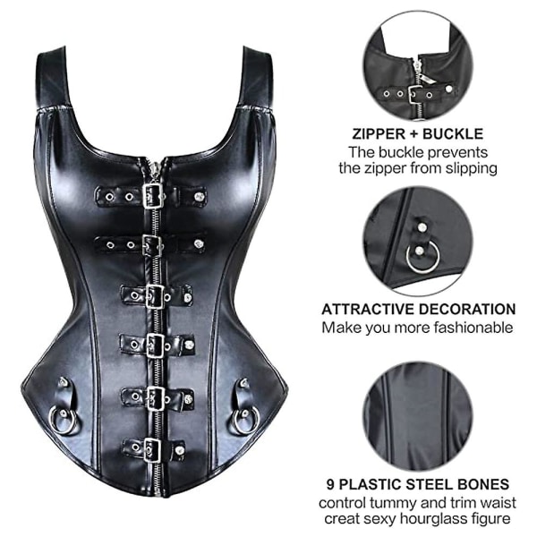 Dam Steampunk Punk Rock Faux Läder Spänne Up Korsett Bustier Basque 4XL