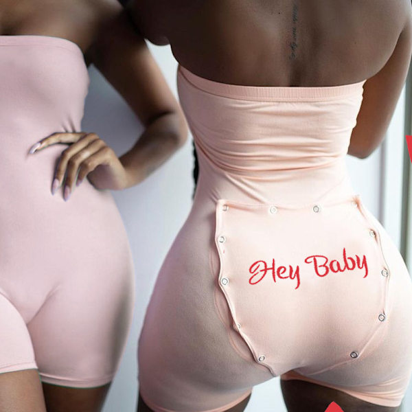 Broderad nattklädesbody med bokstäver, långärmad knappnattkläder Pink S