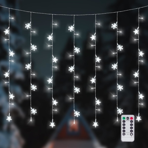 Newhale 8 lägen Christmas Curtain String Lights med Snowflake och Sta White