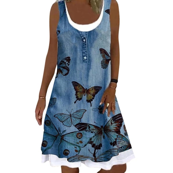 Kvinnor sommar 3d Print ärmlös falsk tvådelad denim miniklänning Butterfly S