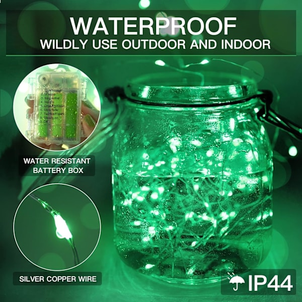 66ft 200 LED utomhusslingor, varmvita Fairy Lights Batteri Op Green 200 LED