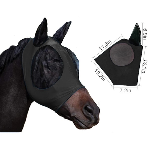 Hästflugmask Super Komfort Hästflugmask Elasticitet Flugmask med Öron Black