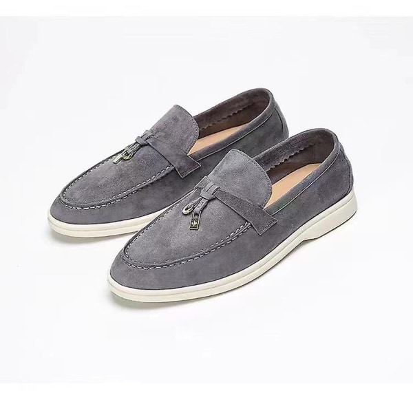 Sommarloafers för kvinnor: Casual mockasinstil i mocka med lockbeanie, bekväma mjuka platta skor - plusstorleksalternativ gray 45